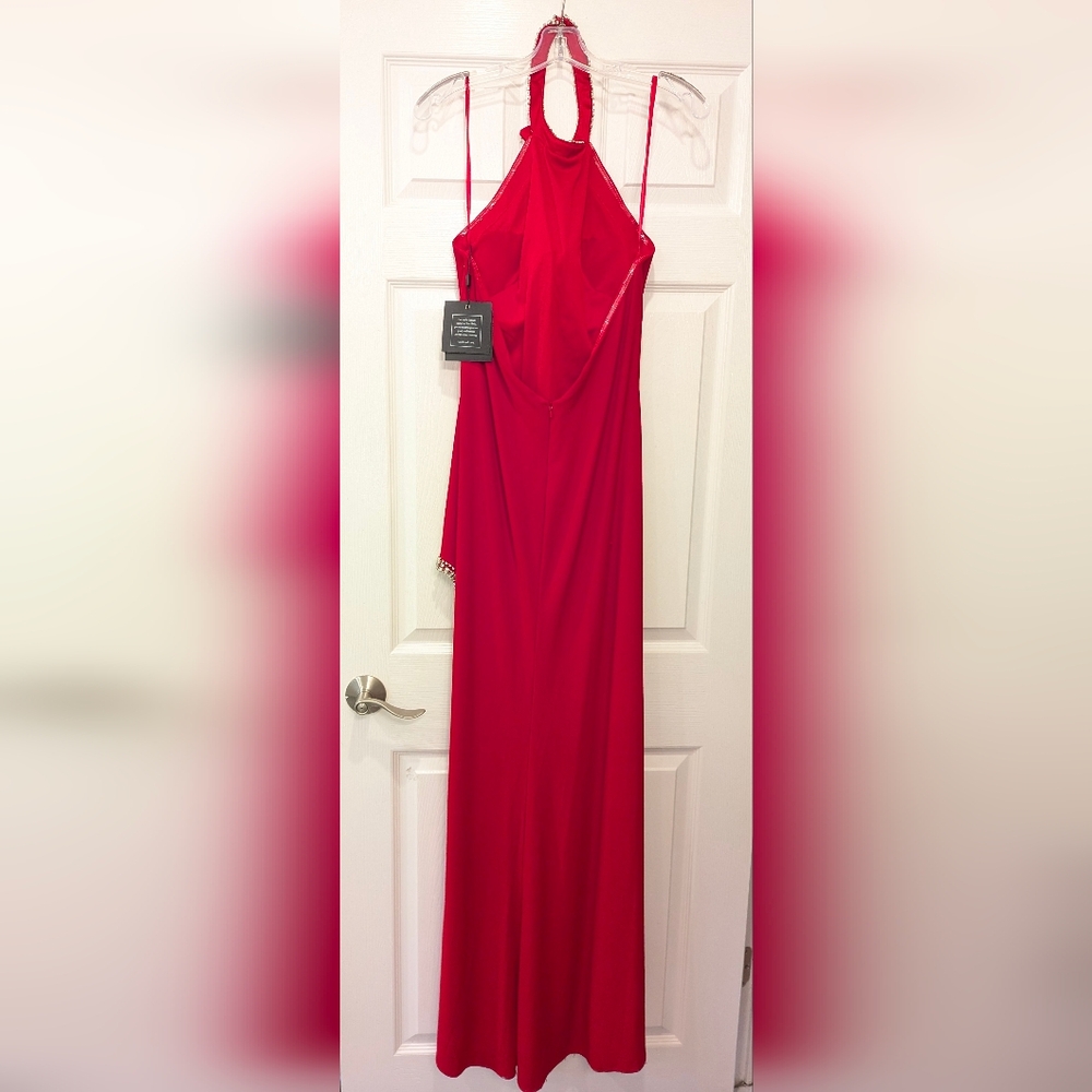 NWT Ieena For Mac Duggal Red Halter high slit long maxi dress rhinestone gown 8 - Picture 13 of 16
